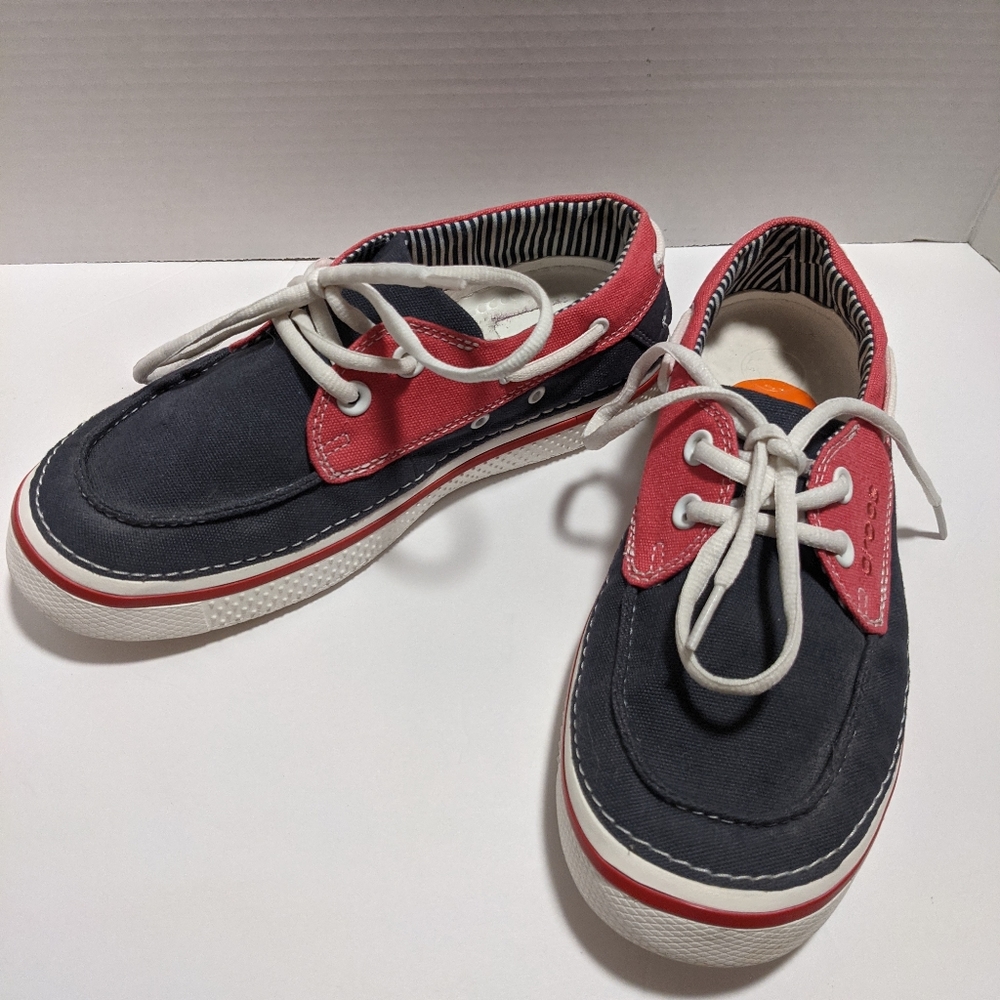 Canvas Crocs lace up boat red white and blue shoes m7 w9